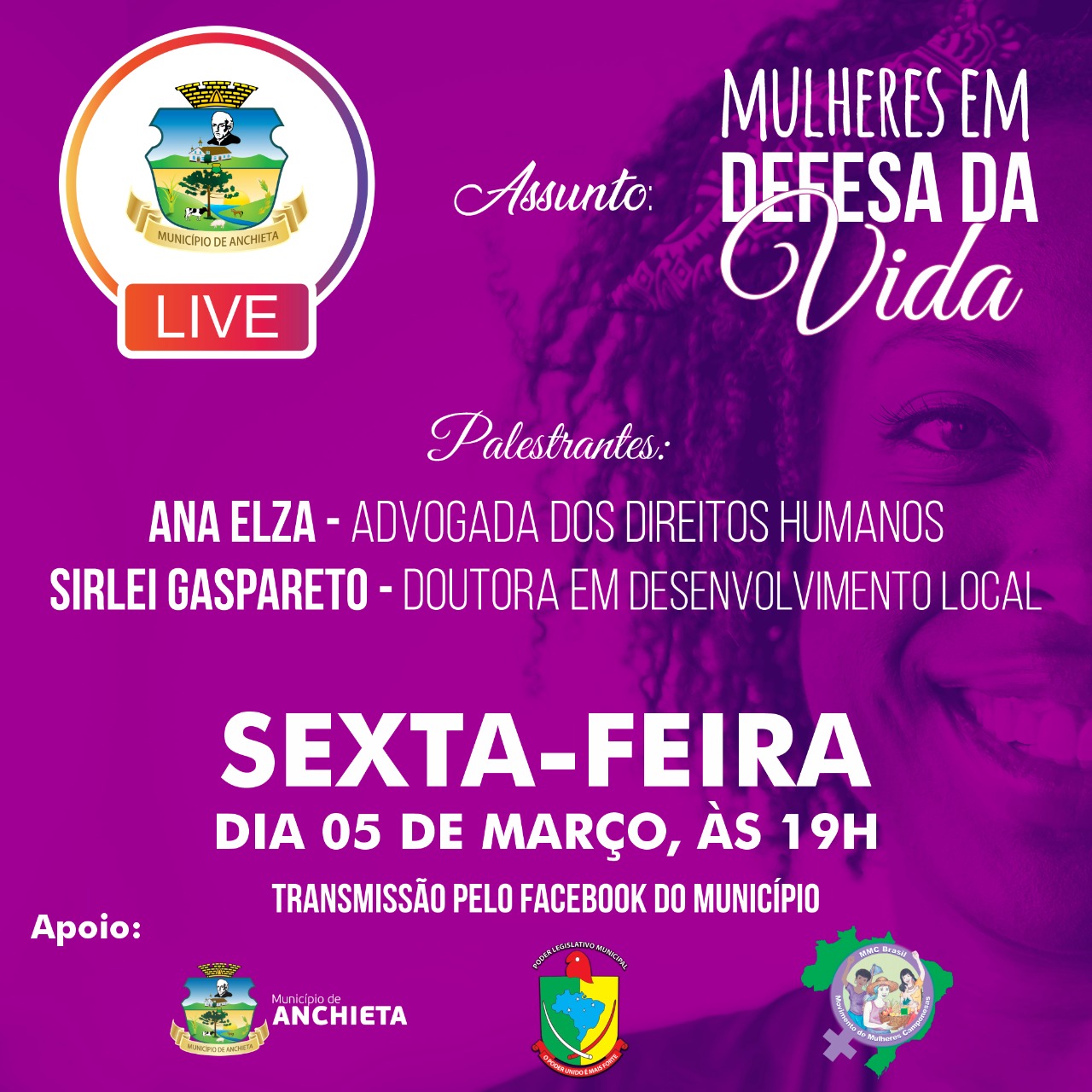 Mulheres pela vida e tema da Live que será realizada pelo Município de Anchieta, Câmara de Vereadores e Movimento de Mulheres Camponesas